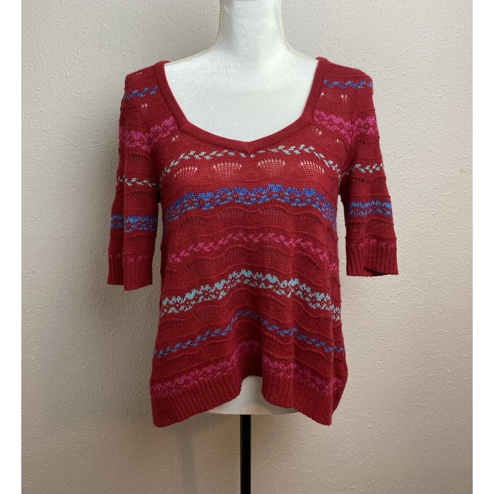 Free People Pattern Woven Crochet Knit 3/4 Sleeve Sweater Top -Size Medium